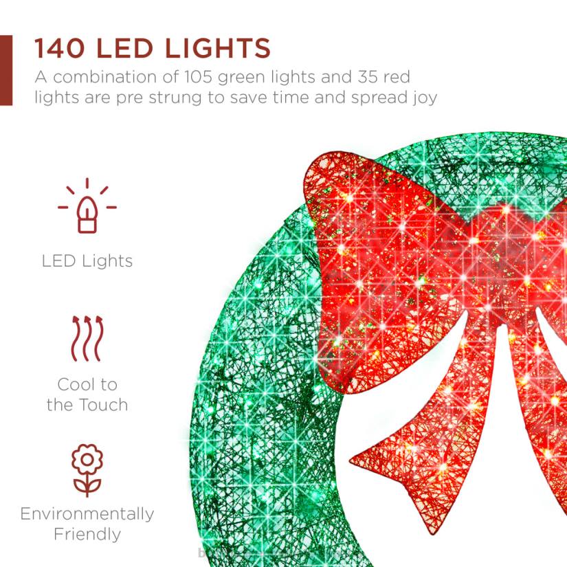 4LT2124 Green/Red Best Choice Products Pre-Lit Outdoor Christmas Wreath, LED Metal Holiday Decor w/ Bow
