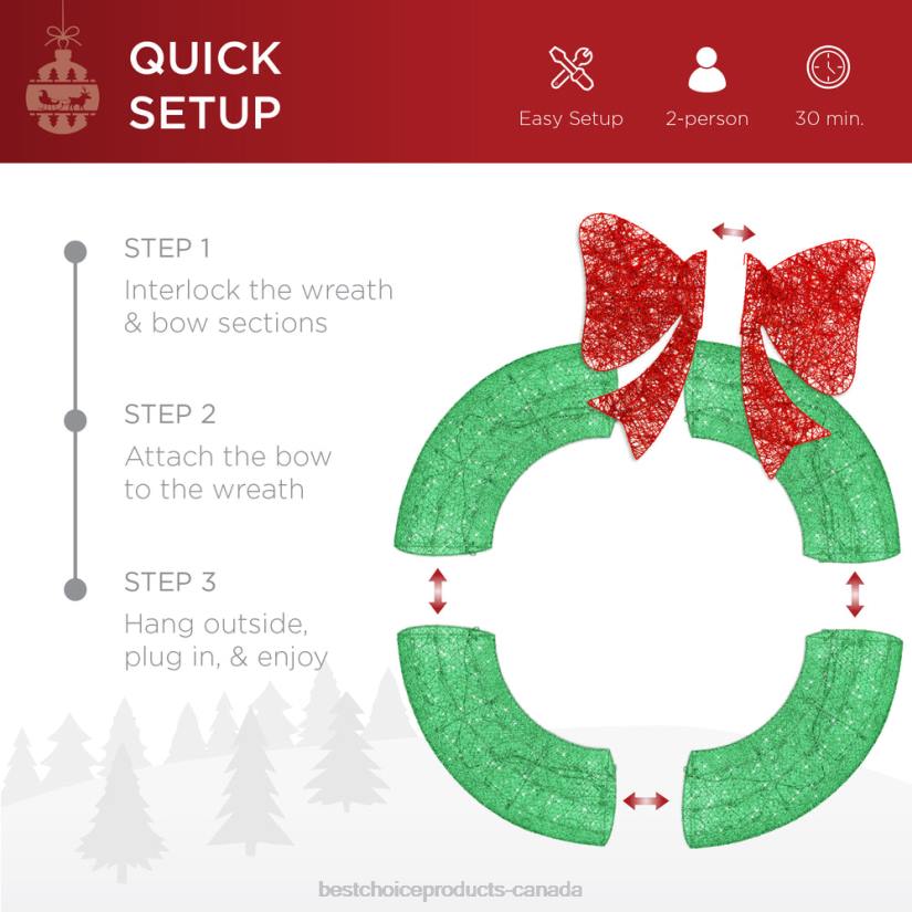 4LT2124 Green/Red Best Choice Products Pre-Lit Outdoor Christmas Wreath, LED Metal Holiday Decor w/ Bow