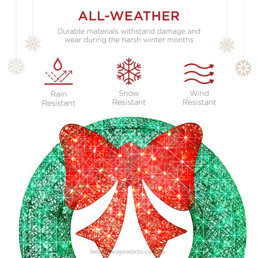 4LT2124 Green/Red Best Choice Products Pre-Lit Outdoor Christmas Wreath, LED Metal Holiday Decor w/ Bow