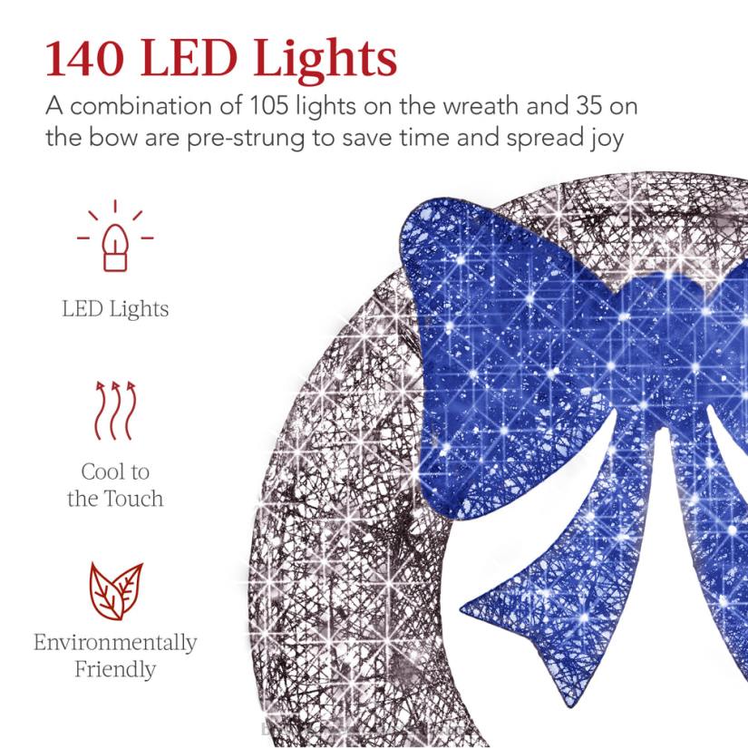 4LT2125 Silver/Blue Best Choice Products Pre-Lit Outdoor Christmas Wreath, LED Metal Holiday Decor w/ Bow