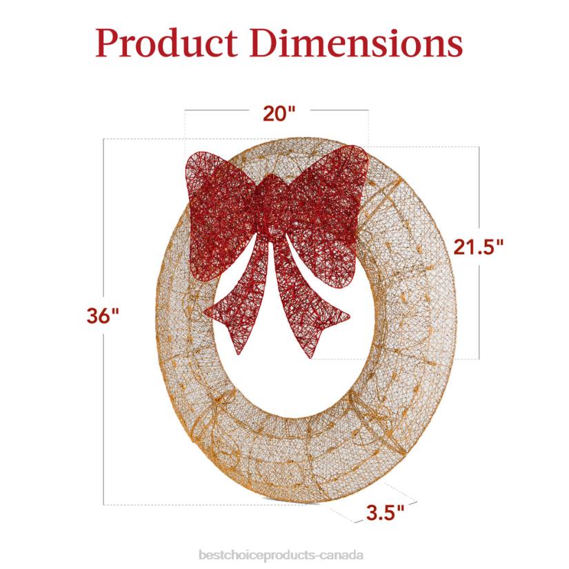 4LT2127 Gold/Red Best Choice Products Pre-Lit Outdoor Christmas Wreath, LED Metal Holiday Decor w/ Bow