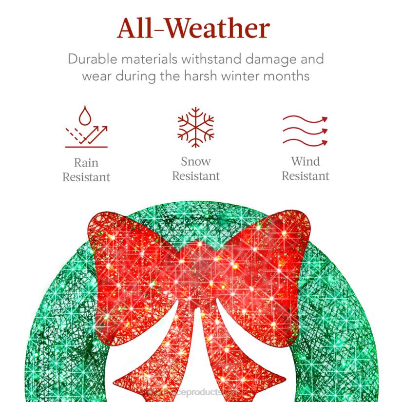 4LT2128 Green/Red Best Choice Products Pre-Lit Outdoor Christmas Wreath, LED Metal Holiday Decor w/ Bow