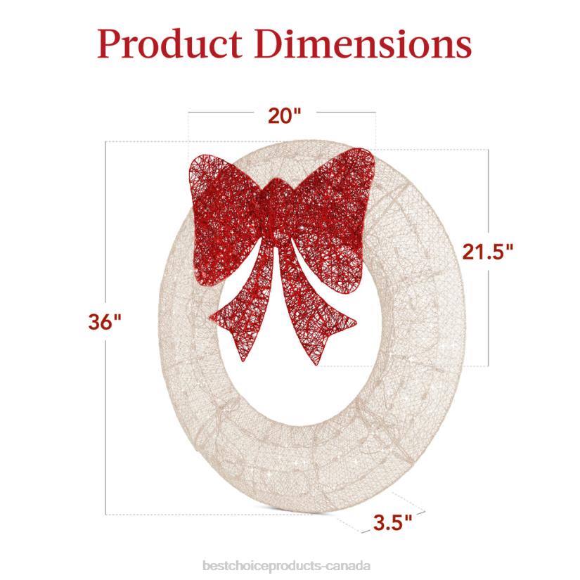 4LT2130 White/Red Best Choice Products Pre-Lit Outdoor Christmas Wreath, LED Metal Holiday Decor w/ Bow