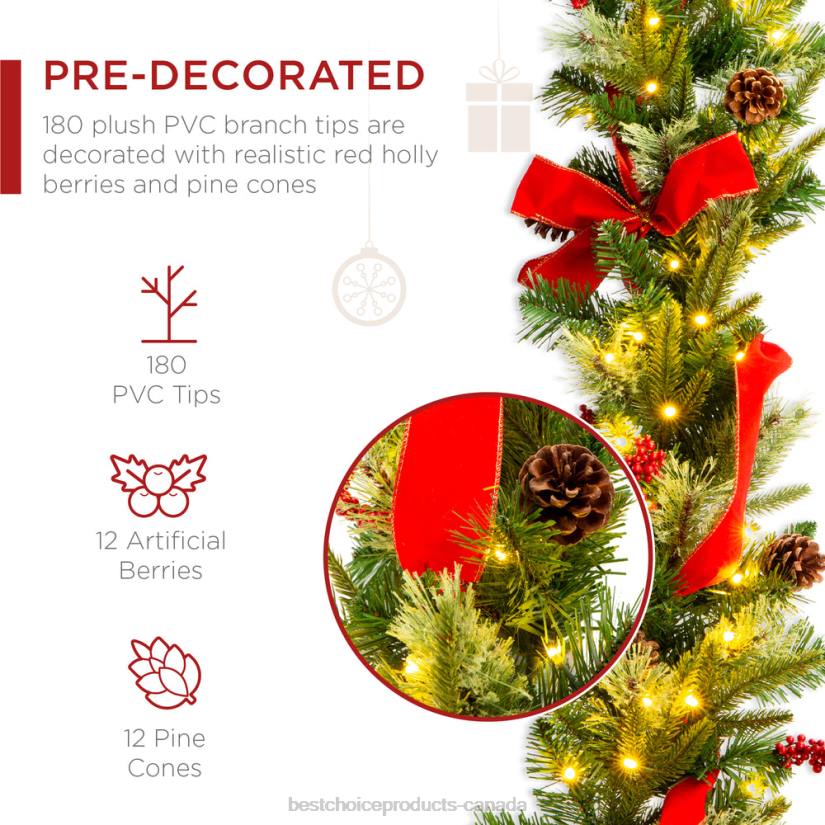 4LT2135 Green Best Choice Products Pre-Lit Garland, Battery Powered w/ 100 Lights, 180 Tips, Pine Cones
