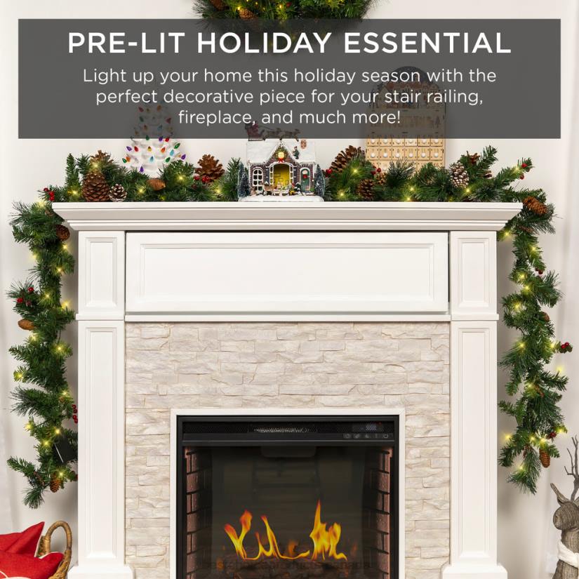 4LT2136 Green Best Choice Products Pre-Lit Pre-Decorated Garland w/ PVC Branch Tips, 50 Lights