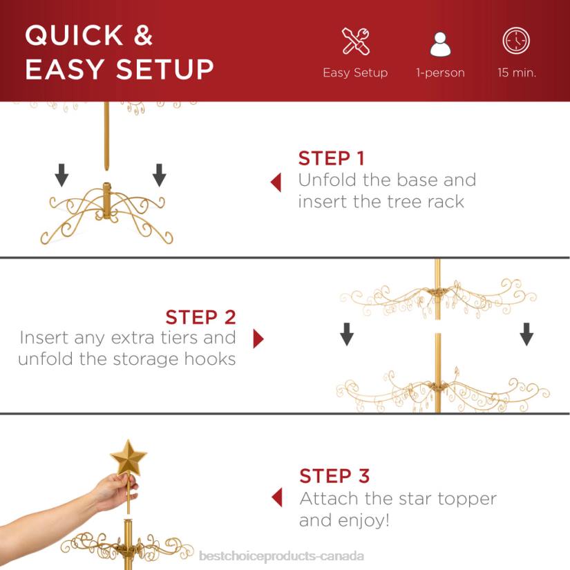 4LT2141 Gold Best Choice Products Wrought Iron Christmas Tree Ornament Display w/ Easy Assembly