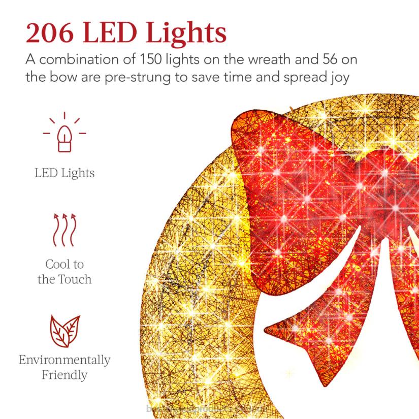 4LT2210 Gold/Red Best Choice Products Pre-Lit Outdoor Christmas Wreath, LED Metal Holiday Decor w/ Bow