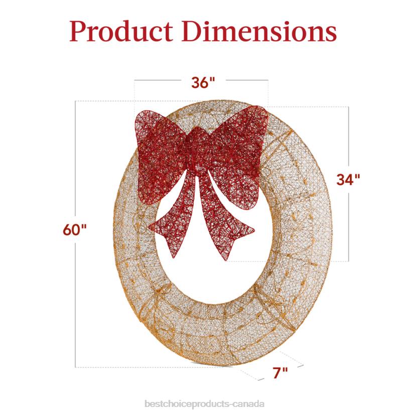 4LT2210 Gold/Red Best Choice Products Pre-Lit Outdoor Christmas Wreath, LED Metal Holiday Decor w/ Bow