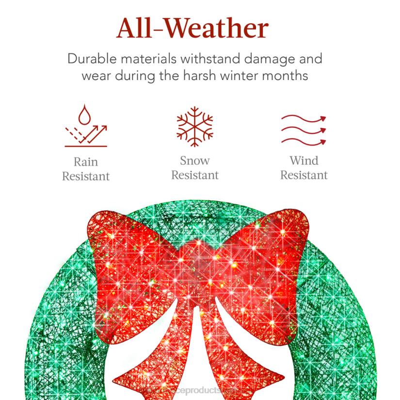 4LT2211 Green/Red Best Choice Products Pre-Lit Outdoor Christmas Wreath, LED Metal Holiday Decor w/ Bow