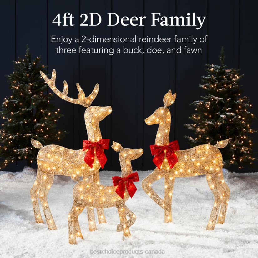 4LT2236 Gold Best Choice Products 3-Piece Lighted 2D Christmas Deer Set Outdoor Decor w/ 175 LED Lights