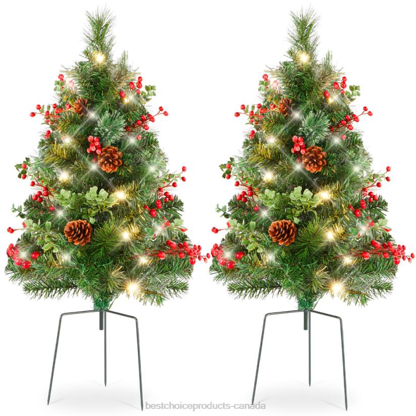 4LT237 Green Best Choice Products Set of 2 Pre-Lit Pathway Christmas Trees w/ Pine Cones, Timer