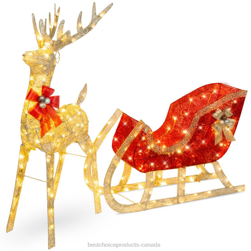 4LT245 Gold Best Choice Products Lighted Christmas Reindeer & Sleigh Outdoor Decor Set w/ LED Lights
