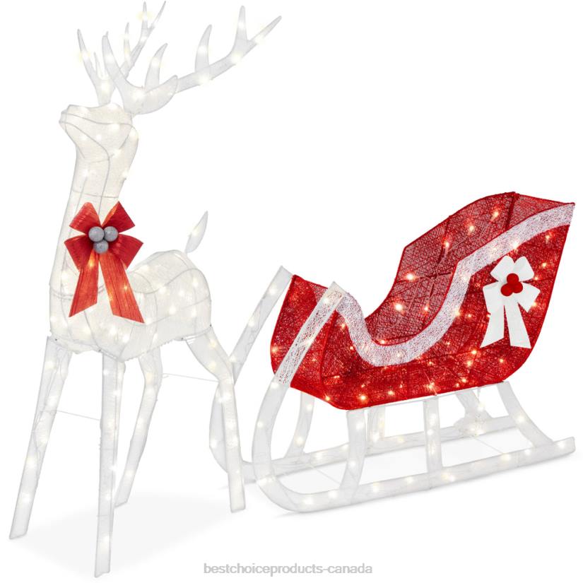 4LT246 White Best Choice Products Lighted Christmas Reindeer & Sleigh Outdoor Decor Set w/ LED Lights