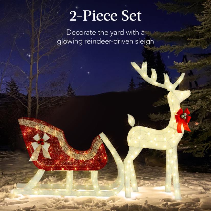 4LT246 White Best Choice Products Lighted Christmas Reindeer & Sleigh Outdoor Decor Set w/ LED Lights