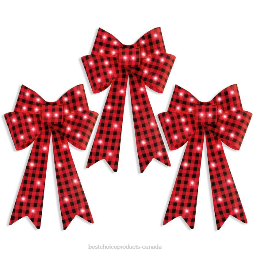 4LT260 Plaid Best Choice Products Set of 3 Pre-Lit Christmas Bow Decoration, LED Holiday Decor w/ 8 Functions