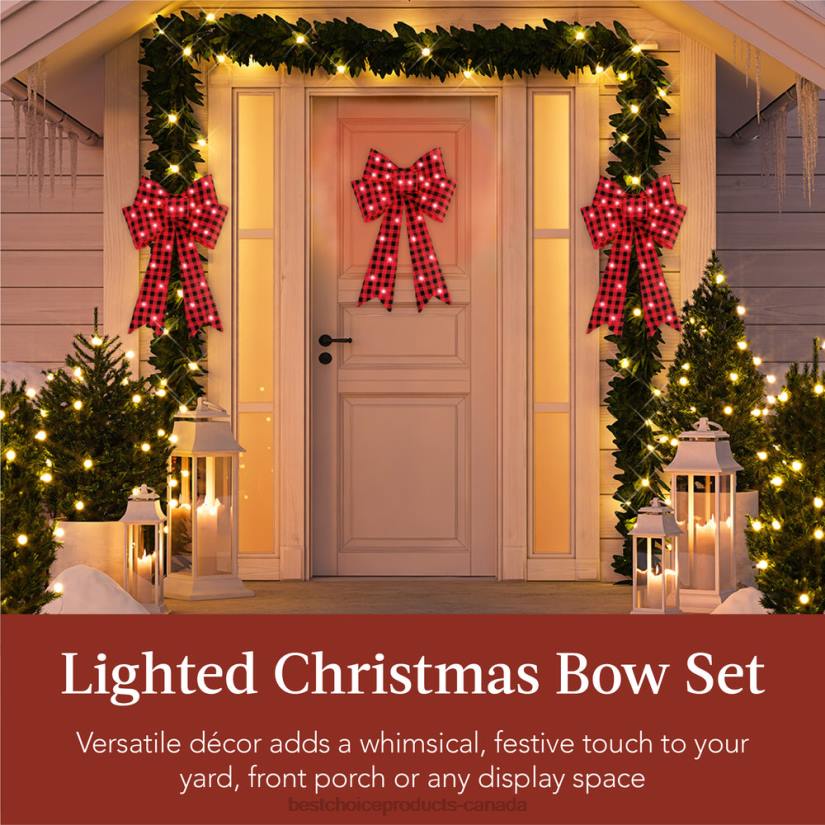 4LT260 Plaid Best Choice Products Set of 3 Pre-Lit Christmas Bow Decoration, LED Holiday Decor w/ 8 Functions