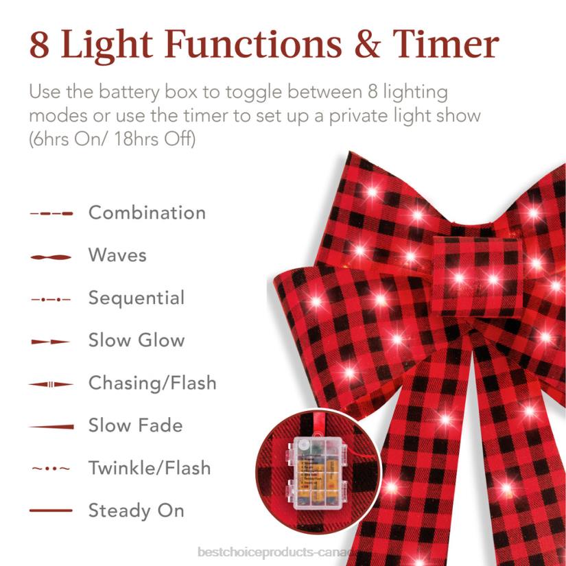 4LT260 Plaid Best Choice Products Set of 3 Pre-Lit Christmas Bow Decoration, LED Holiday Decor w/ 8 Functions
