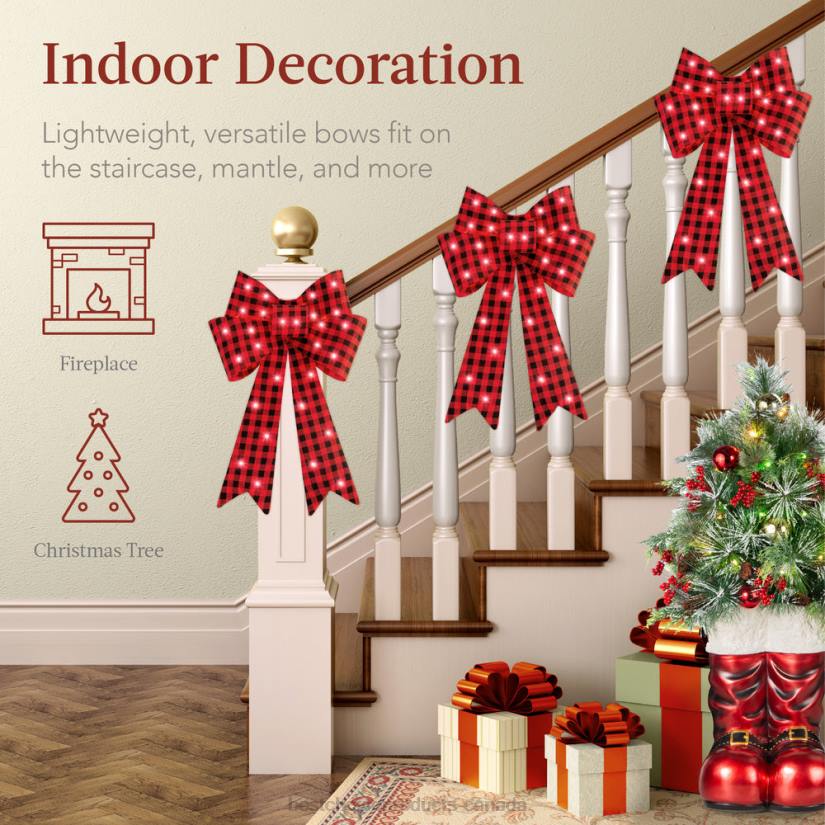 4LT260 Plaid Best Choice Products Set of 3 Pre-Lit Christmas Bow Decoration, LED Holiday Decor w/ 8 Functions