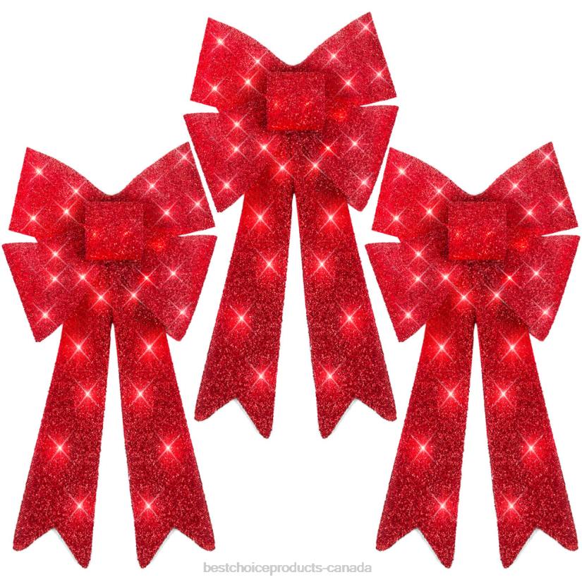 4LT261 Red Best Choice Products Set of 3 Pre-Lit Christmas Bow Decoration, LED Holiday Decor w/ 8 Functions