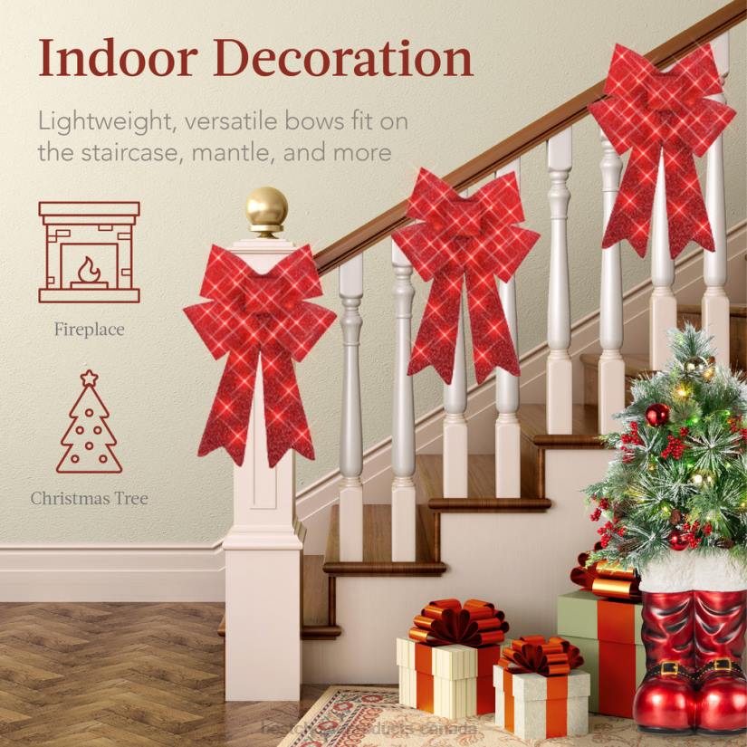 4LT261 Red Best Choice Products Set of 3 Pre-Lit Christmas Bow Decoration, LED Holiday Decor w/ 8 Functions