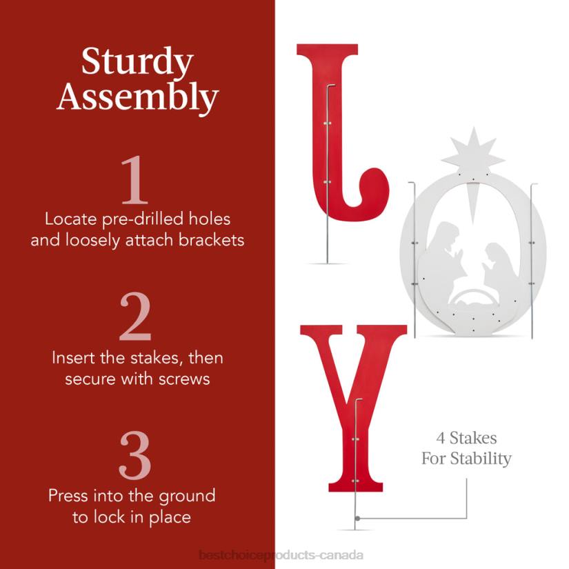 4LT263 Red/White Best Choice Products 3-Piece Christmas JOY Nativity Yard Decoration w/ Ground Stakes