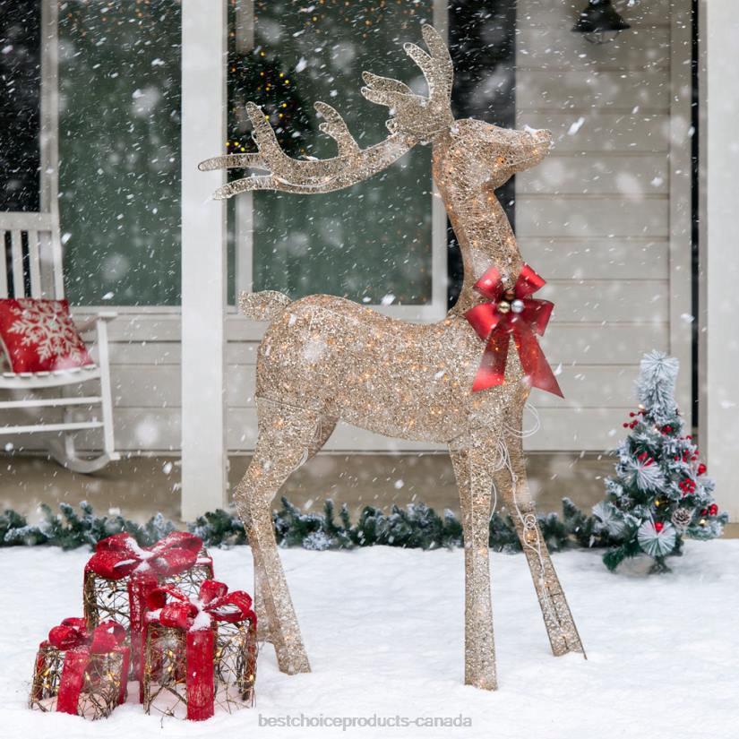 4LT265 Gold Best Choice Products 5ft 3D Pre-Lit Gold Glitter Christmas Reindeer Yard Decoration w/ 150 Lights