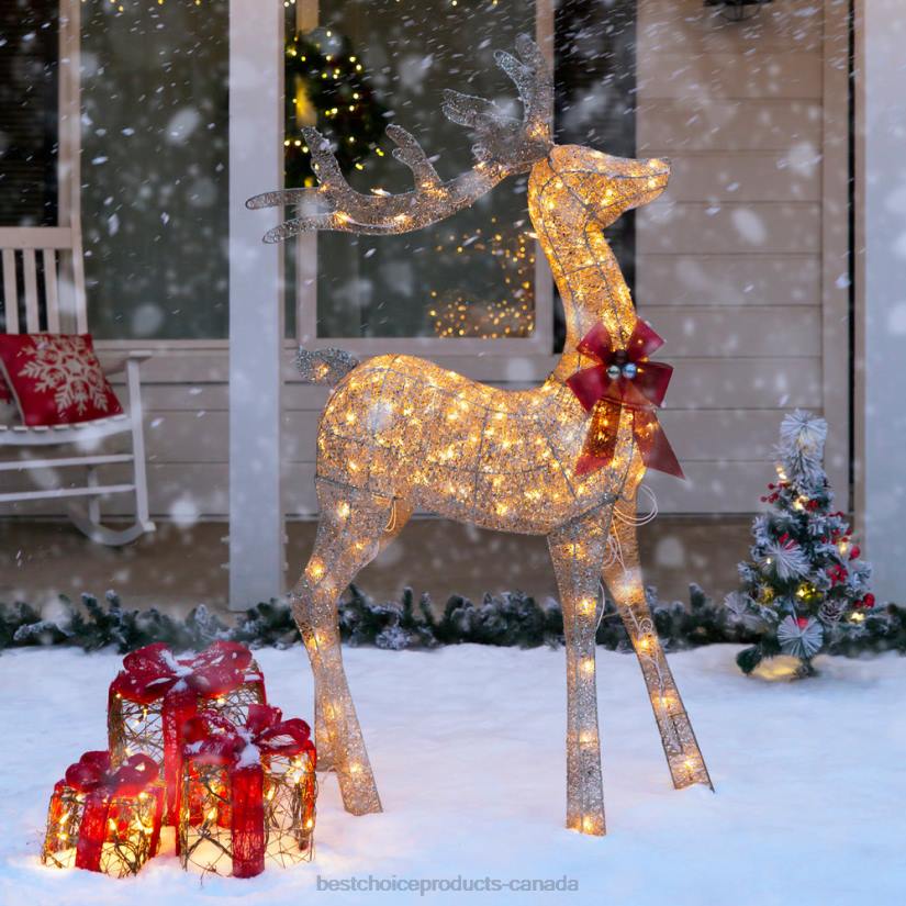 4LT265 Gold Best Choice Products 5ft 3D Pre-Lit Gold Glitter Christmas Reindeer Yard Decoration w/ 150 Lights