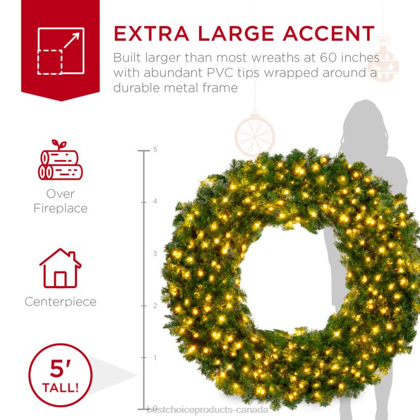 4LT295 Beauty Best Choice Products Pre-Lit Artificial Fir Christmas Wreath w/ LED Lights, Plug-In, PVC Tips