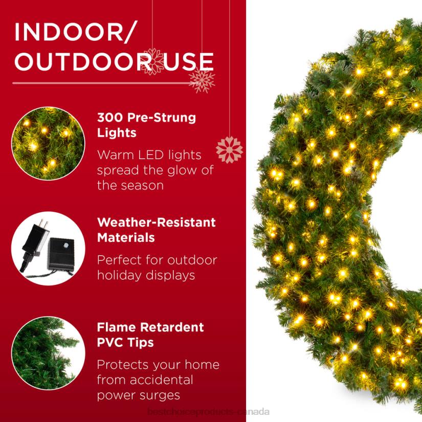 4LT295 Beauty Best Choice Products Pre-Lit Artificial Fir Christmas Wreath w/ LED Lights, Plug-In, PVC Tips