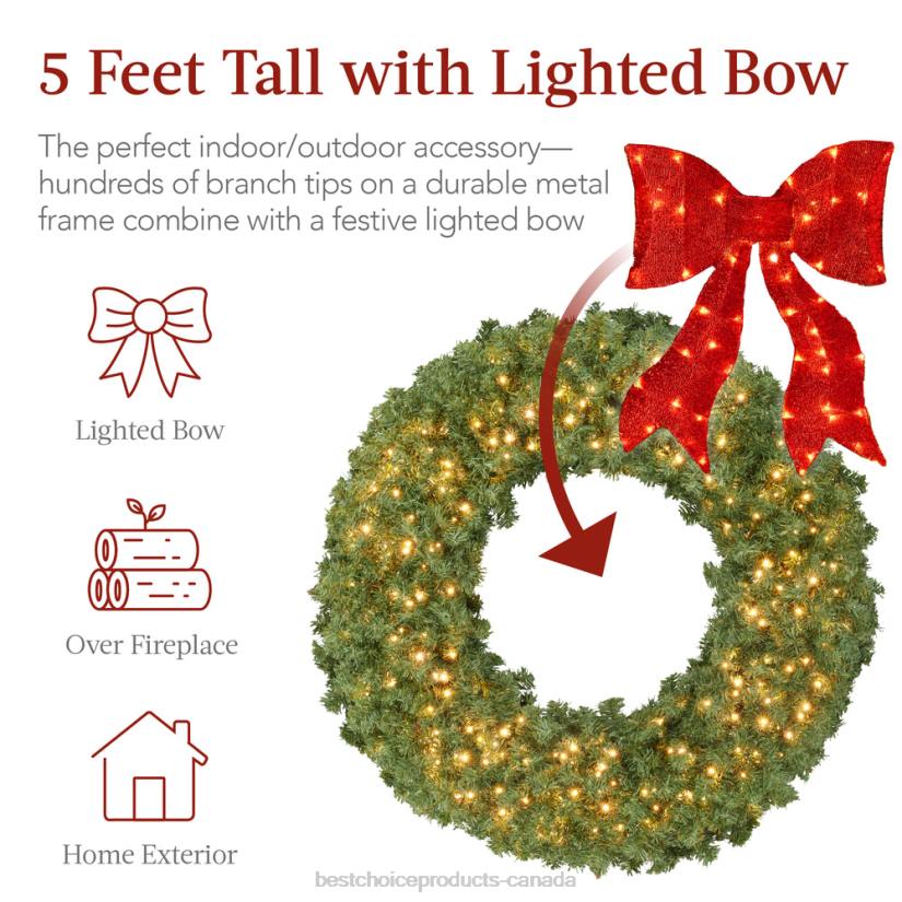 4LT297 Beauty Best Choice Products Pre-Lit Artificial Fir Christmas Wreath w/ Red Bow, LED Lights