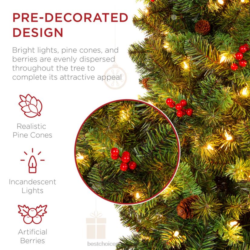4LT2119 Beauty Best Choice Products Pre-Lit Spruce Pencil Christmas Tree w/ Berries, Pine Cones