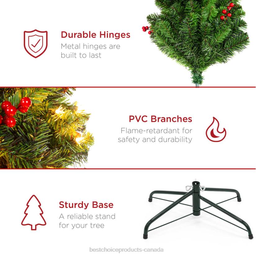 4LT2119 Beauty Best Choice Products Pre-Lit Spruce Pencil Christmas Tree w/ Berries, Pine Cones