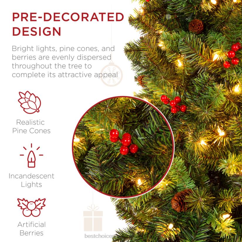 4LT2121 Beauty Best Choice Products Pre-Lit Spruce Pencil Christmas Tree w/ Berries, Pine Cones