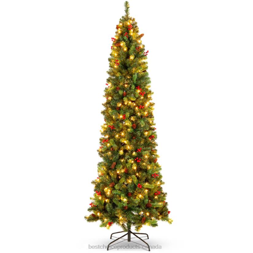 4LT2122 Beauty Best Choice Products Pre-Lit Spruce Pencil Christmas Tree w/ Berries, Pine Cones