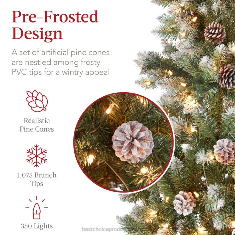 4LT2153 Metal Stand Best Choice Products Pre-Lit Partially Flocked Pencil Christmas Tree w/ Pine Cones