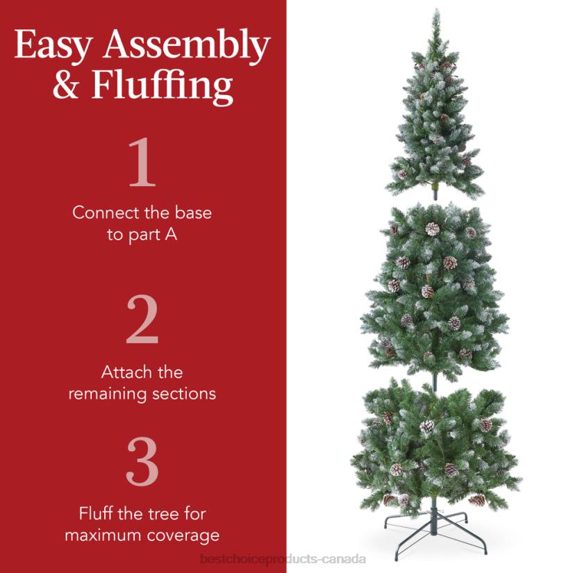 4LT2153 Metal Stand Best Choice Products Pre-Lit Partially Flocked Pencil Christmas Tree w/ Pine Cones