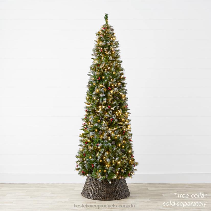 4LT2155 Beauty Best Choice Products Pre-Lit Partially Flocked Spruce Pencil Tree w/ Berries, Pine Cones