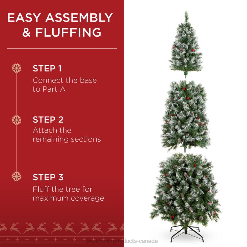 4LT2155 Beauty Best Choice Products Pre-Lit Partially Flocked Spruce Pencil Tree w/ Berries, Pine Cones