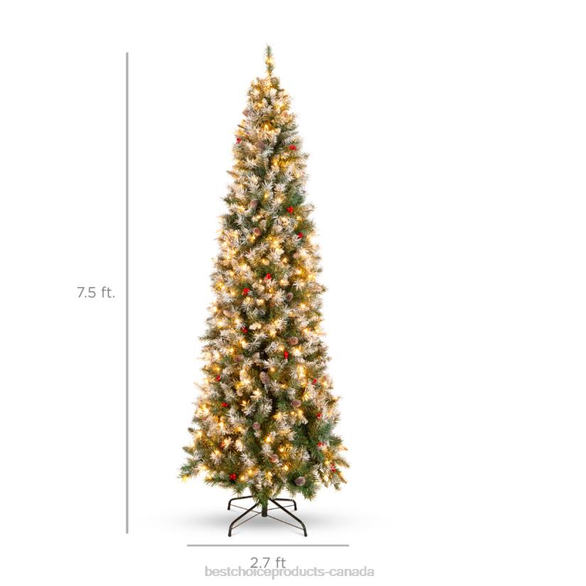 4LT2155 Beauty Best Choice Products Pre-Lit Partially Flocked Spruce Pencil Tree w/ Berries, Pine Cones