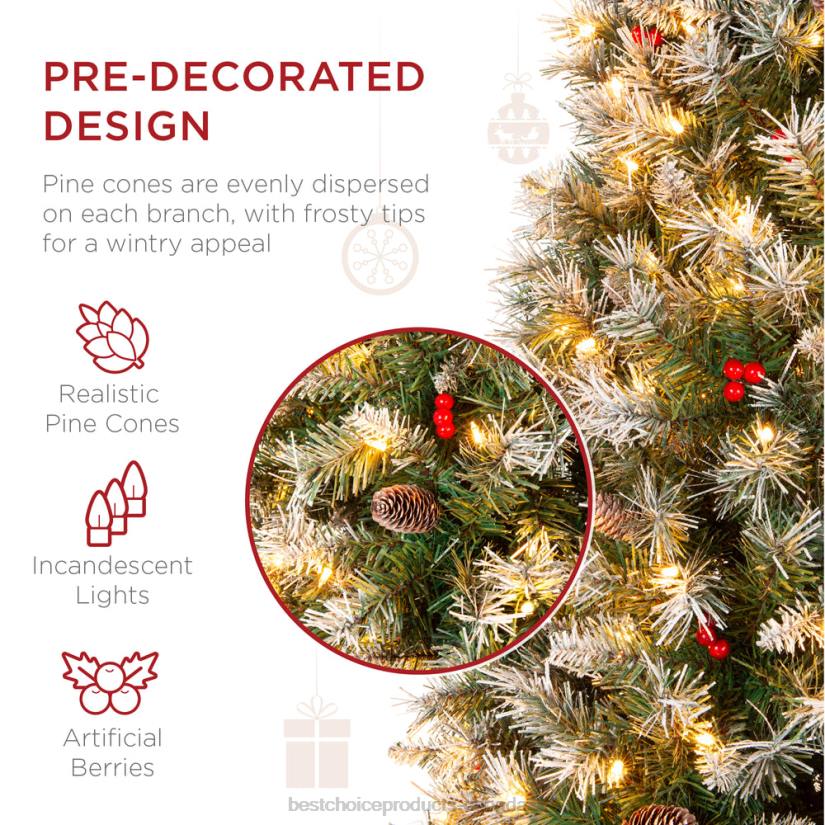 4LT2156 Beauty Best Choice Products Pre-Lit Partially Flocked Spruce Pencil Tree w/ Berries, Pine Cones