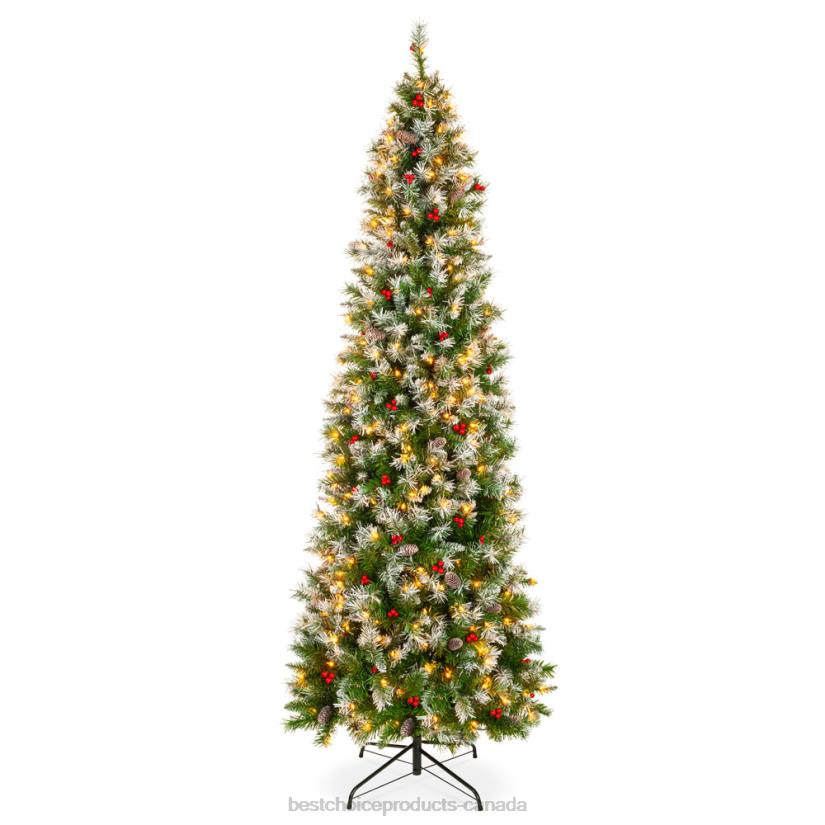 4LT2157 Beauty Best Choice Products Pre-Lit Partially Flocked Spruce Pencil Tree w/ Berries, Pine Cones