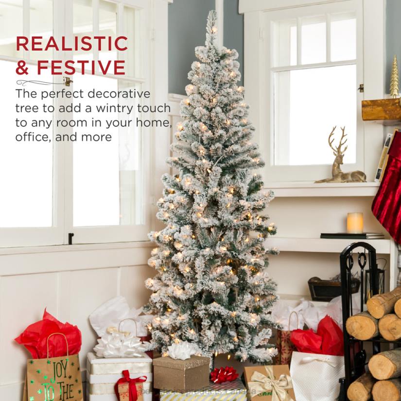 4LT2169 Beauty Best Choice Products Pre-Lit Snow Flocked Artificial Pencil Christmas Tree