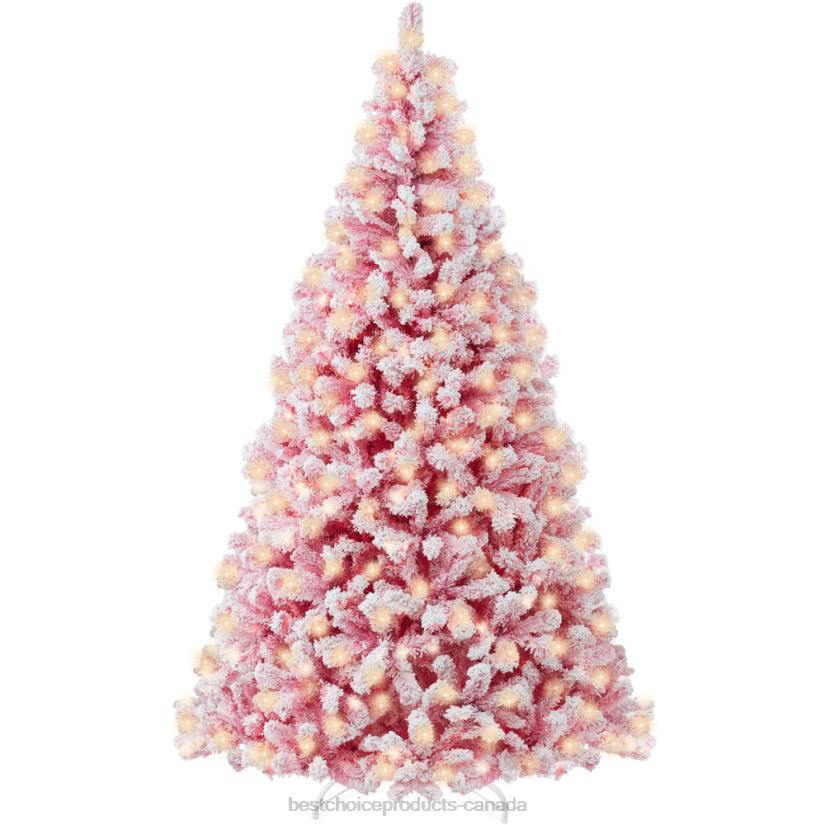 4LT2182 Beauty Best Choice Products Pre-Lit Pink Christmas Tree Flocked Full Holiday Decor w/ Metal Base