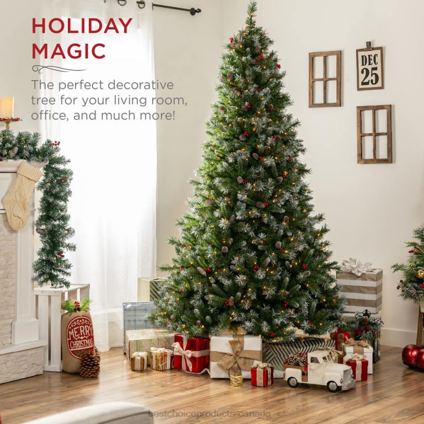 4LT21 Berries Best Choice Products Pre-Lit Christmas Pine Tree w/ Pine Cones, Flocked Branch Tips