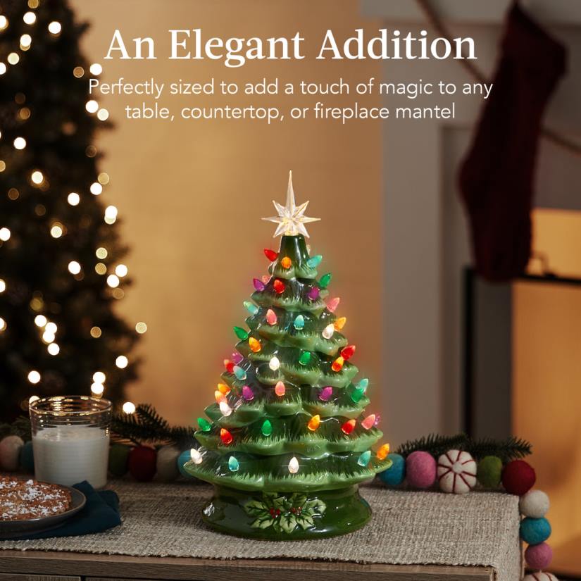 4LT2216 Green w/ Multicolored Lights Best Choice Products Pre-Lit Ceramic Tabletop Christmas Tree with Lights- 15in