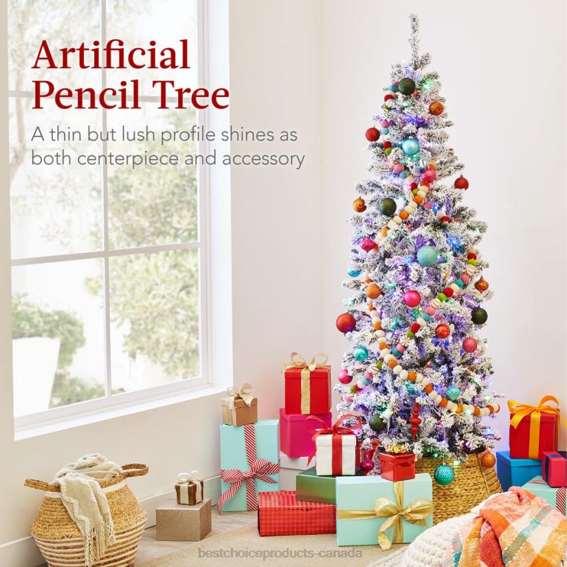4LT2253 Beauty Best Choice Products Pre-Lit Snow Flocked Artificial Pencil Christmas Tree w/ Multicolor Lights