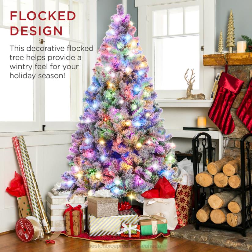 4LT229 Beauty Best Choice Products Pre-Lit Snow Flocked Artificial Pine Christmas Tree w/ Multicolored Lights