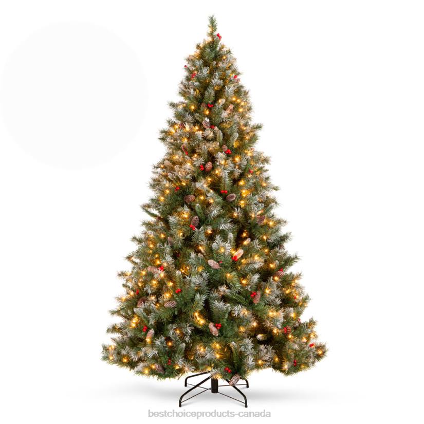 4LT22 Berries Best Choice Products Pre-Lit Christmas Pine Tree w/ Pine Cones, Flocked Branch Tips