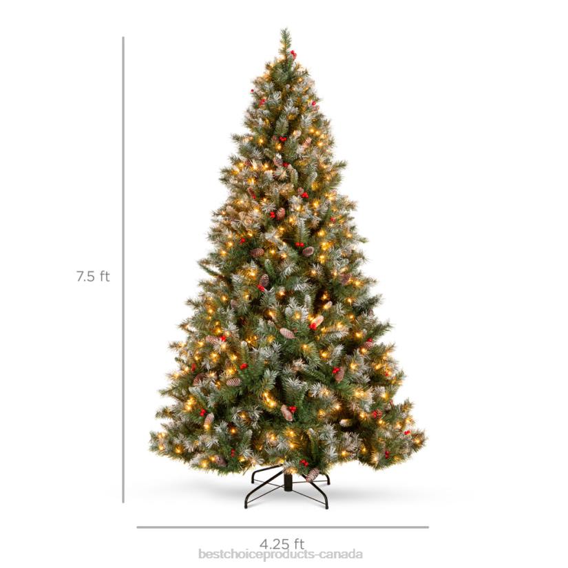4LT22 Berries Best Choice Products Pre-Lit Christmas Pine Tree w/ Pine Cones, Flocked Branch Tips