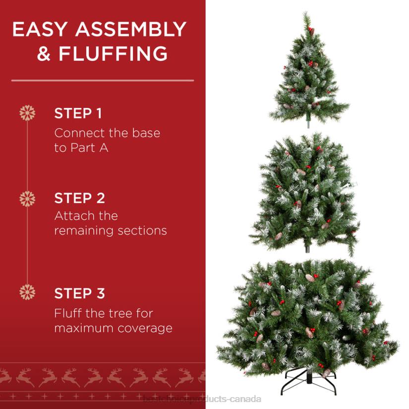 4LT23 Berries Best Choice Products Pre-Lit Christmas Pine Tree w/ Pine Cones, Flocked Branch Tips